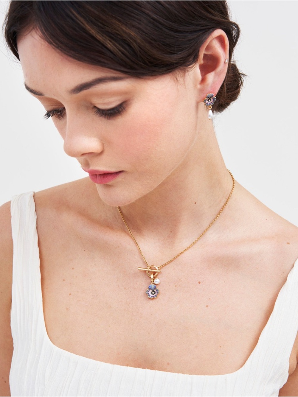 Gold Pansy & Pearl Toggle Necklace by Fable England